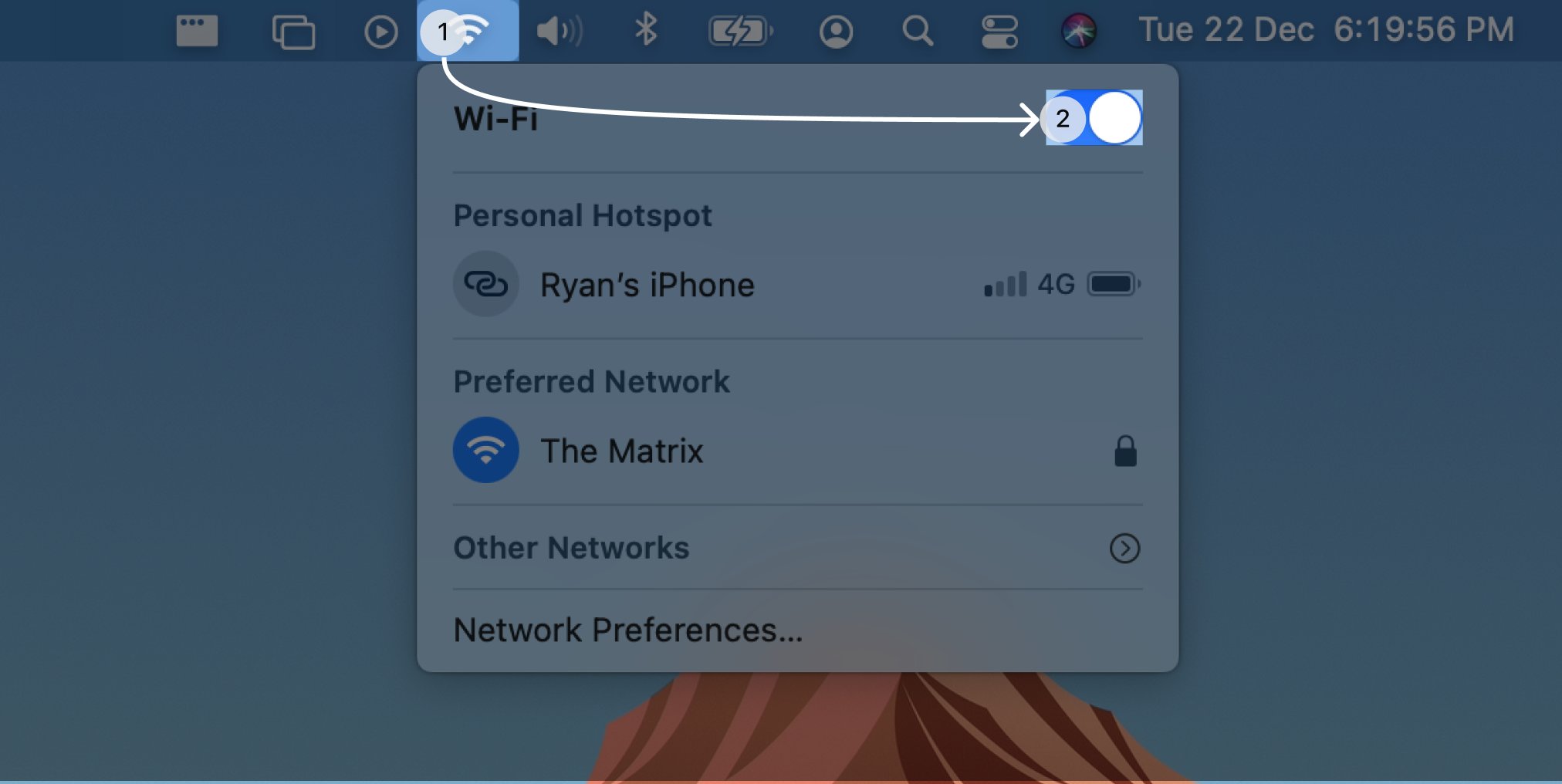 Toggling the Wi-Fi on or off in the new menu.