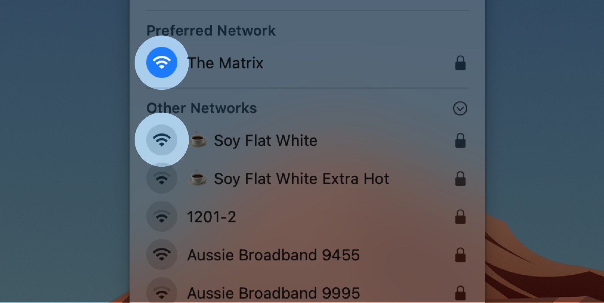 Toggle icons are used to show whether a network is connected.