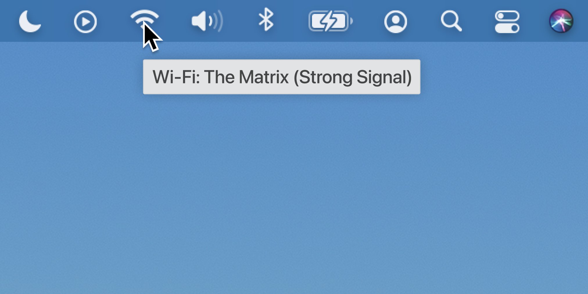 A tooltip, which appears when hovering over the Wi-Fi icon, reads, "Wi-Fi: The Matrix (Strong Signal)."