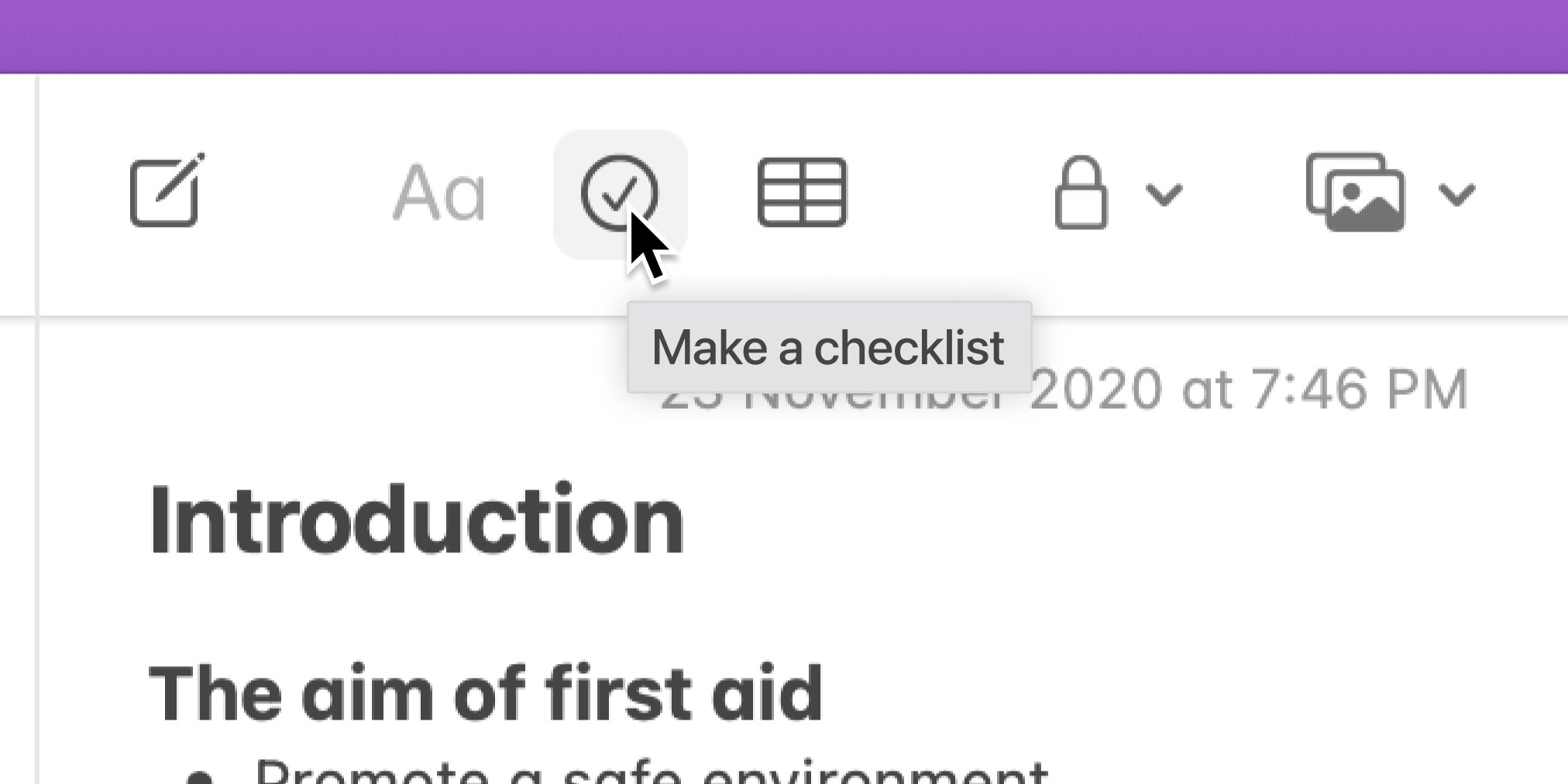 A tooltip which appears when hovering over a button in the Notes app's toolbar, which reads, "Make a checklist."